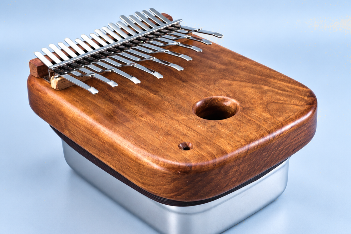 Teclado de la Aqualimba: láminas de acero ordenadas sobre madera de cerezo y resonador de acero