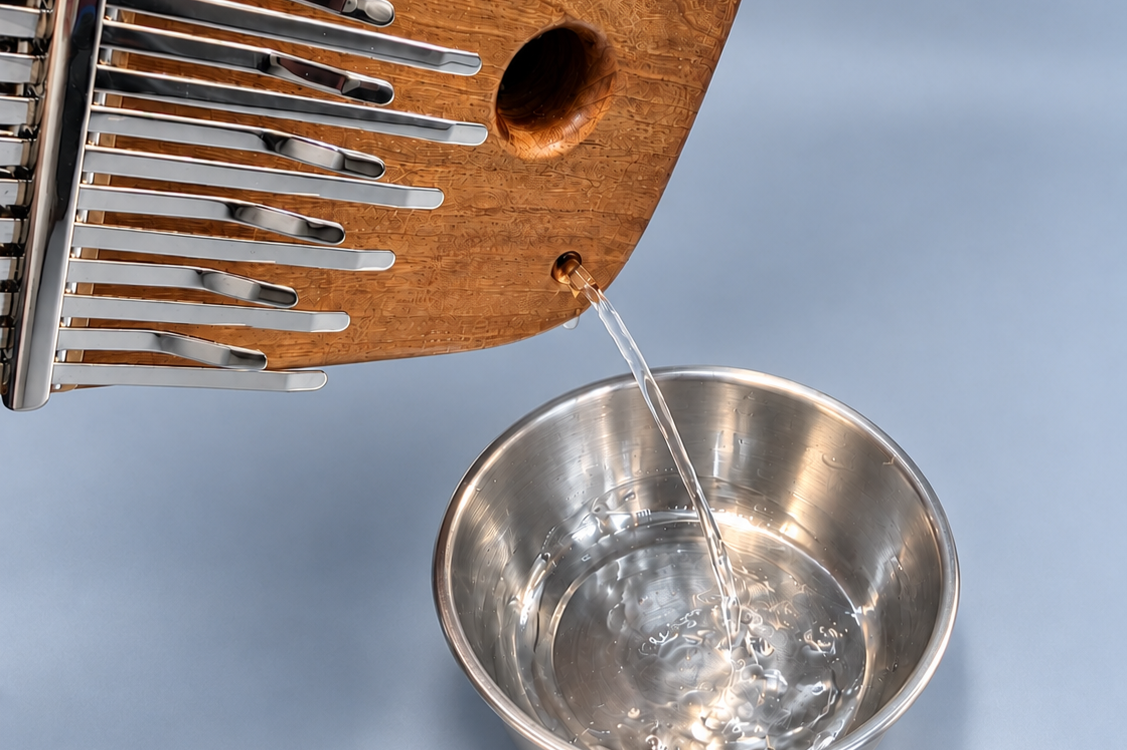 La Aqualimba inclinada vacía el agua del resonador en un cuenco de acero